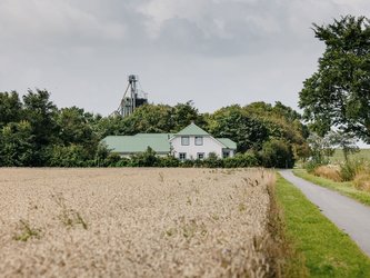 weißes Haus mit mintgrünem Dach mit Weizenfeld im Vordergrund