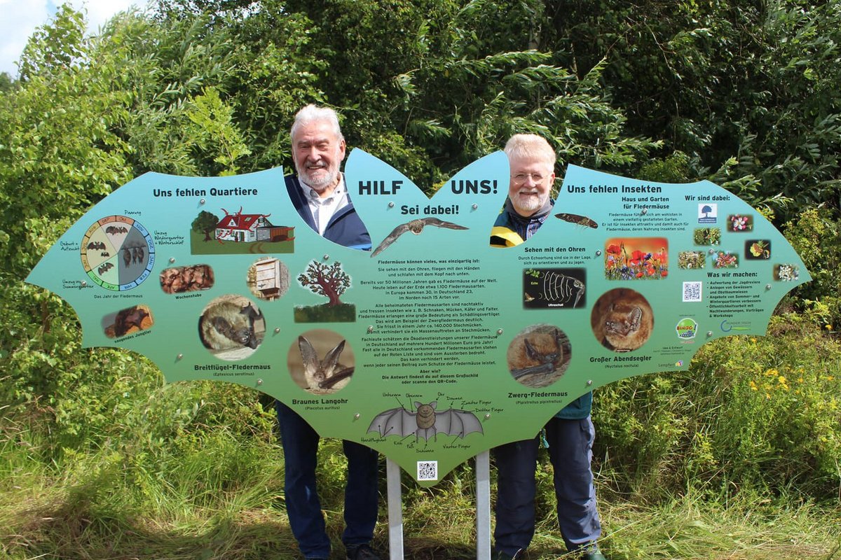 Zwei Männer stehen hinter einem Schild mit Fledermausumrissen.