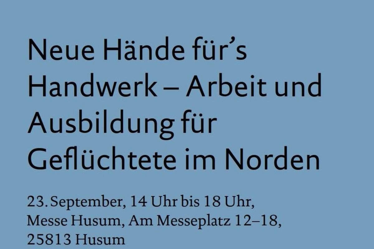 Schriftzug: Neue Hände für’s  Handwerk – Arbeit und  Ausbildung für Geflüchtete im Norden