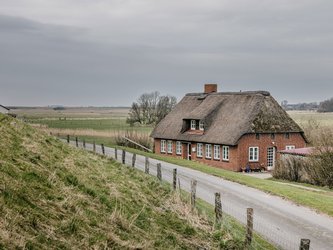 Haus mit Reetdach an Straße