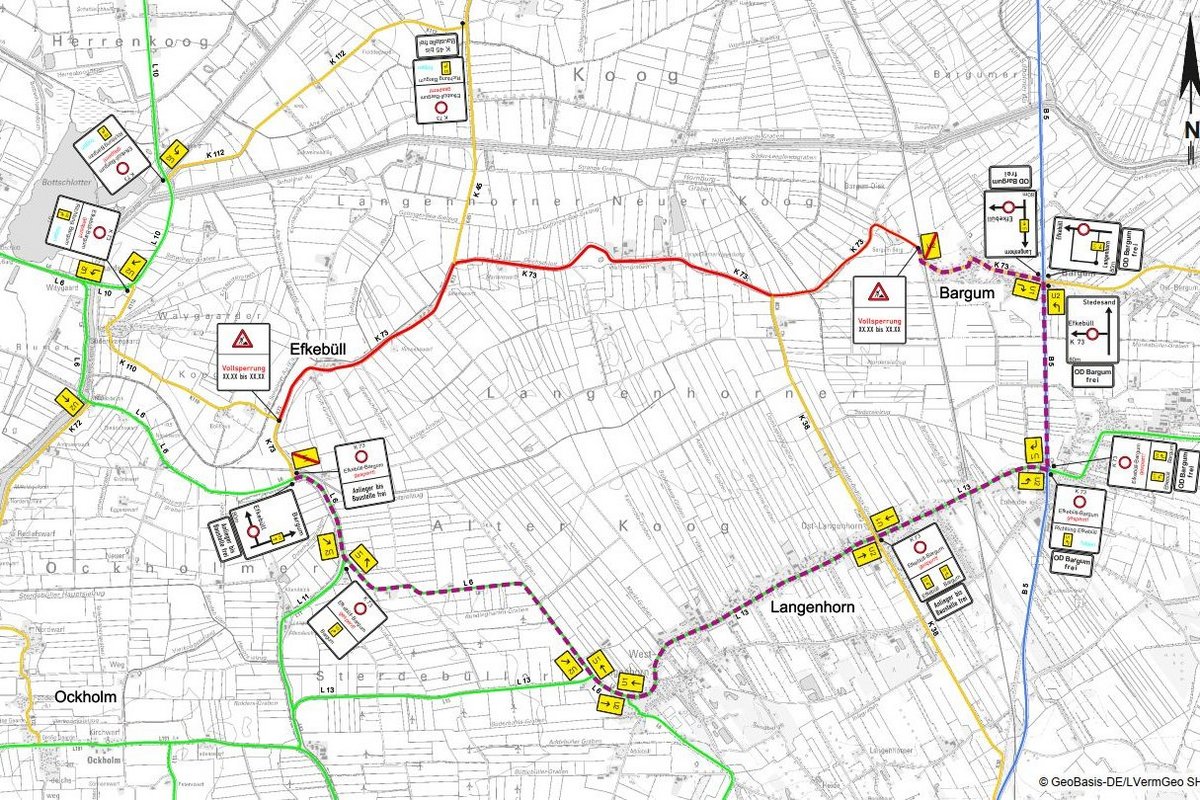 Plangrafik bereitgestellt vom LBV.SH Eine Straßenkarte mit Markierungen zur Umleitung des Verkehrs