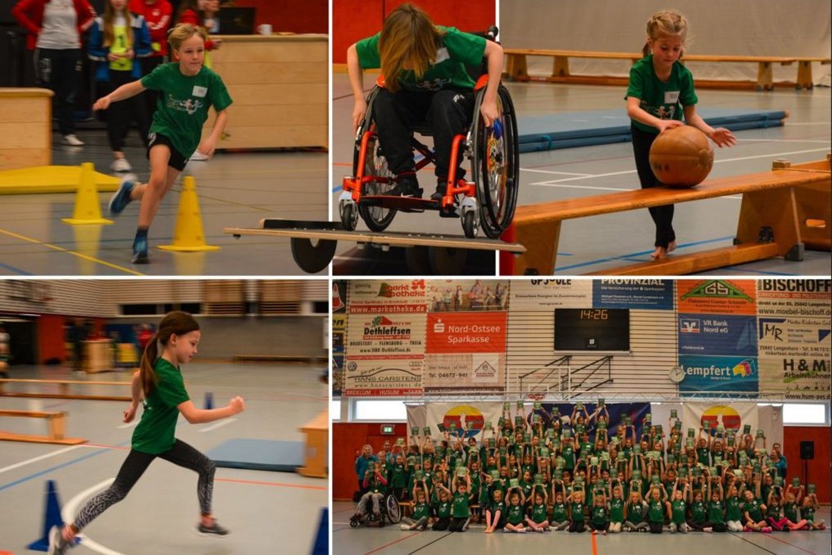 Die Kinderolympiade 2025 startet mit ihren Vorläufen bereits im Januar. Collage: Kreissportverband Nordfriesland Eine Sammlung von vier Bildern. Zu sehen sind Kinder, die in einer Turnhalle Sport treiben.