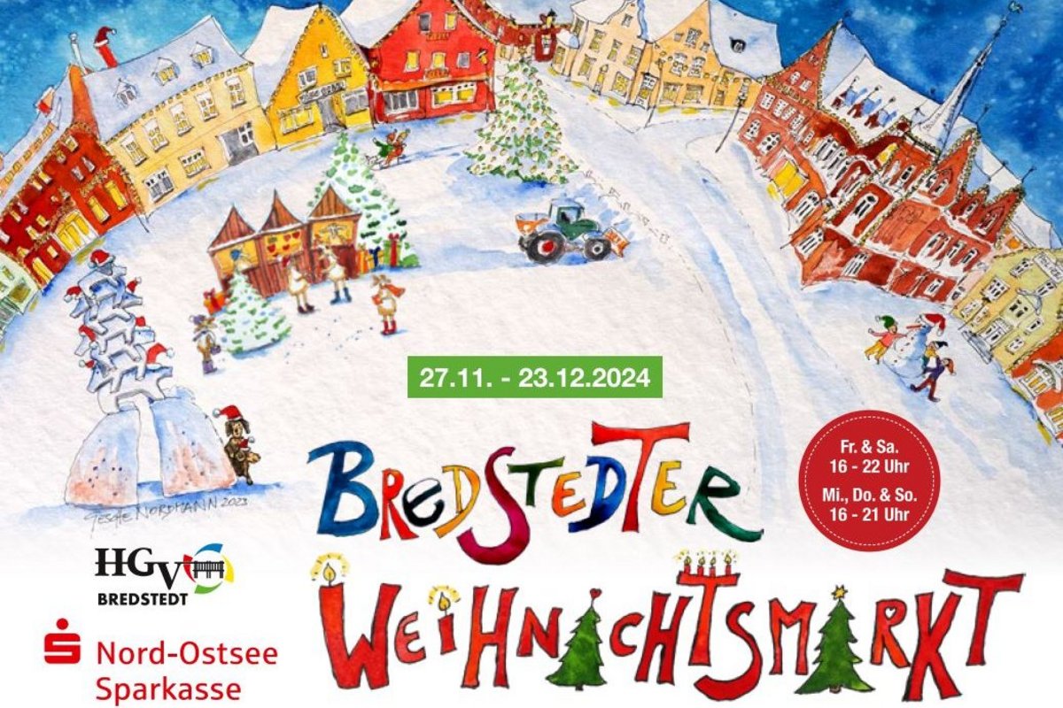 Die Titelseite des Programmflyers zum Bredstedter Weihnachtsmarkt. Grafik: HGV/Nordmann Ein buntes Bild mit Häusern und einem Marktplatz in der Mitte